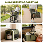 Beuway Double Pet Stroller for Dogs and Cats, One-Step Folding Dog Stroller Travel Carriage for Small Medium Dogs Cats, 2 Detachable Carrier Bags, 4 Lockable Wheels (Army Green)