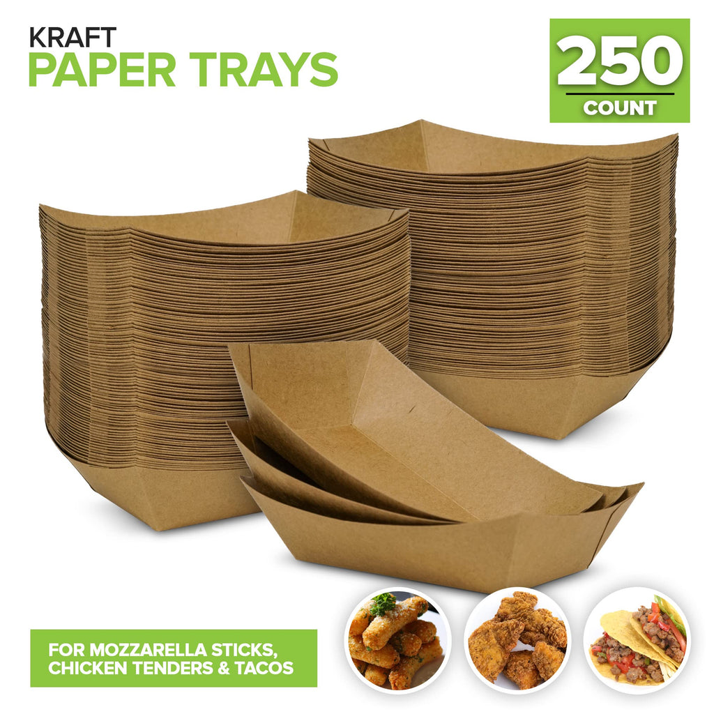 Stock Your Home [250 Pack] Medium Disposable Brown Kraft Paper Food Trays, 1-Lb Concession Tray, Serving Boats for Party Snacks, Taco Bar, Seafood, Nachos Plates