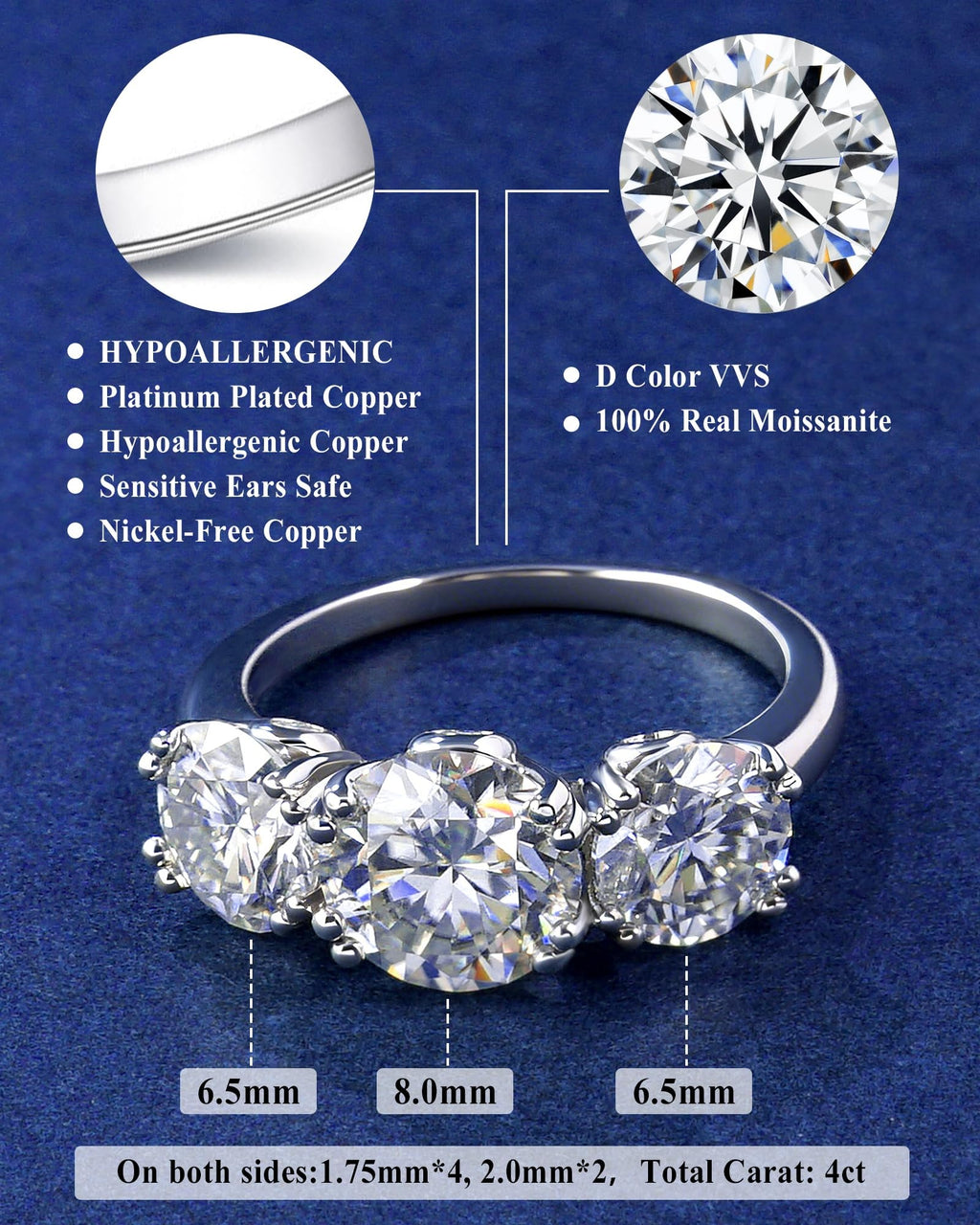 4 Carat Moissanite Rings for Women, Three Stone Moissanite Engagement Ring 14K White Gold Plated Promise Ring for Her, Round Brilliant Cut Anniversary Wedding Ring Trilogy Jewelry, D Color VVS1 (Silver, 6)