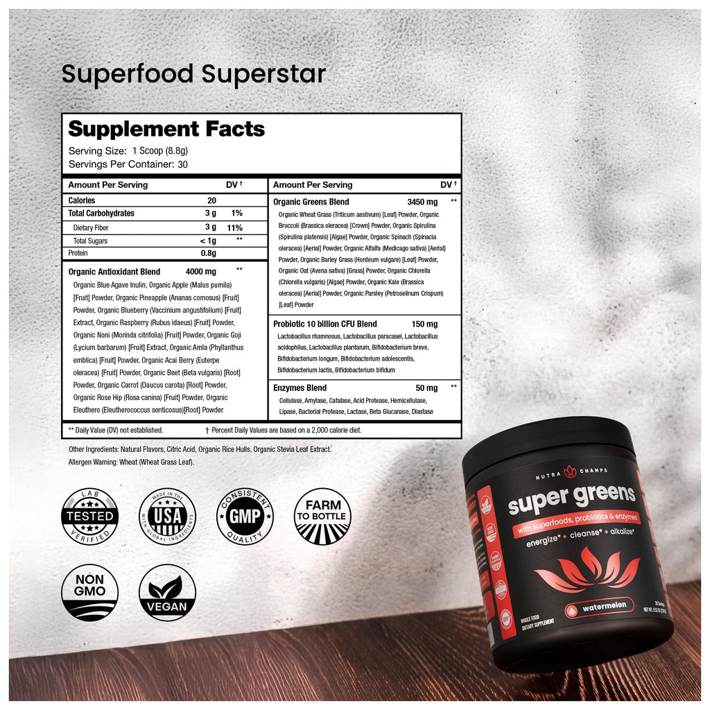 NutraChamps Super Greens Powder Premium Superfood | 20+ Organic Green Veggie Whole Foods | Alfalfa, Spirulina, Chlorella & More | Antioxidant, Digestive Enzyme & Probiotic Blends | Watermelon