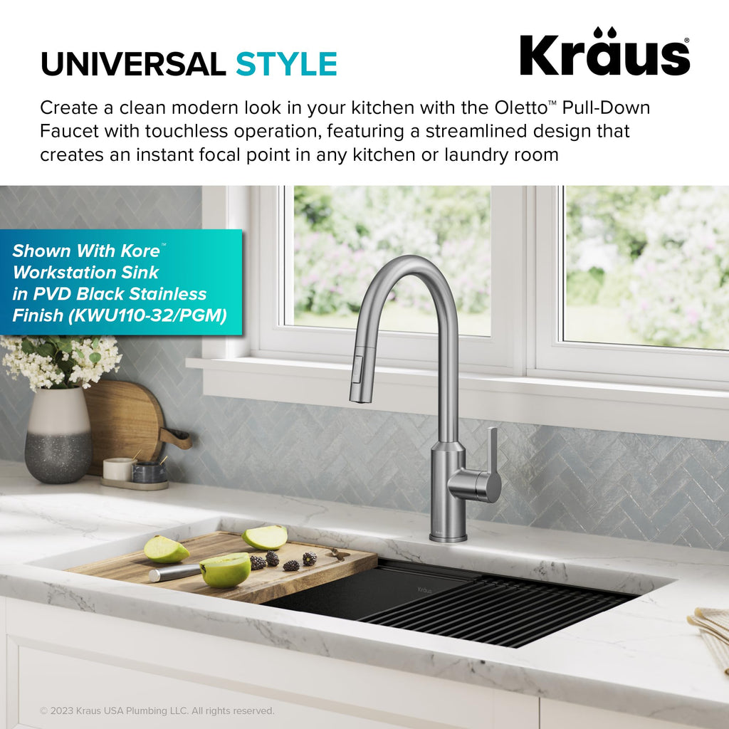 KRAUS Oletto Touchless Sensor Pull-Down Single Handle Kitchen Faucet in Spot-Free Stainless Steel, KSF-2830SFS