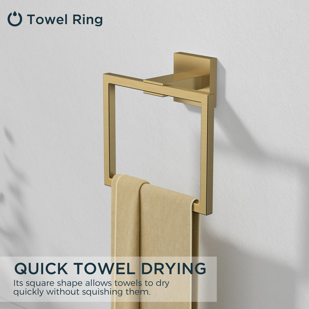 FORIOUS Toilet Paper Holder Set Wall Mount, SUS 304 Stainless Steel Pivoting Toilet Paper Holder and Towel Ring, Hand Towel Holder Set for Bathroom, Square Bathroom Hardware Set, Brushed Gold