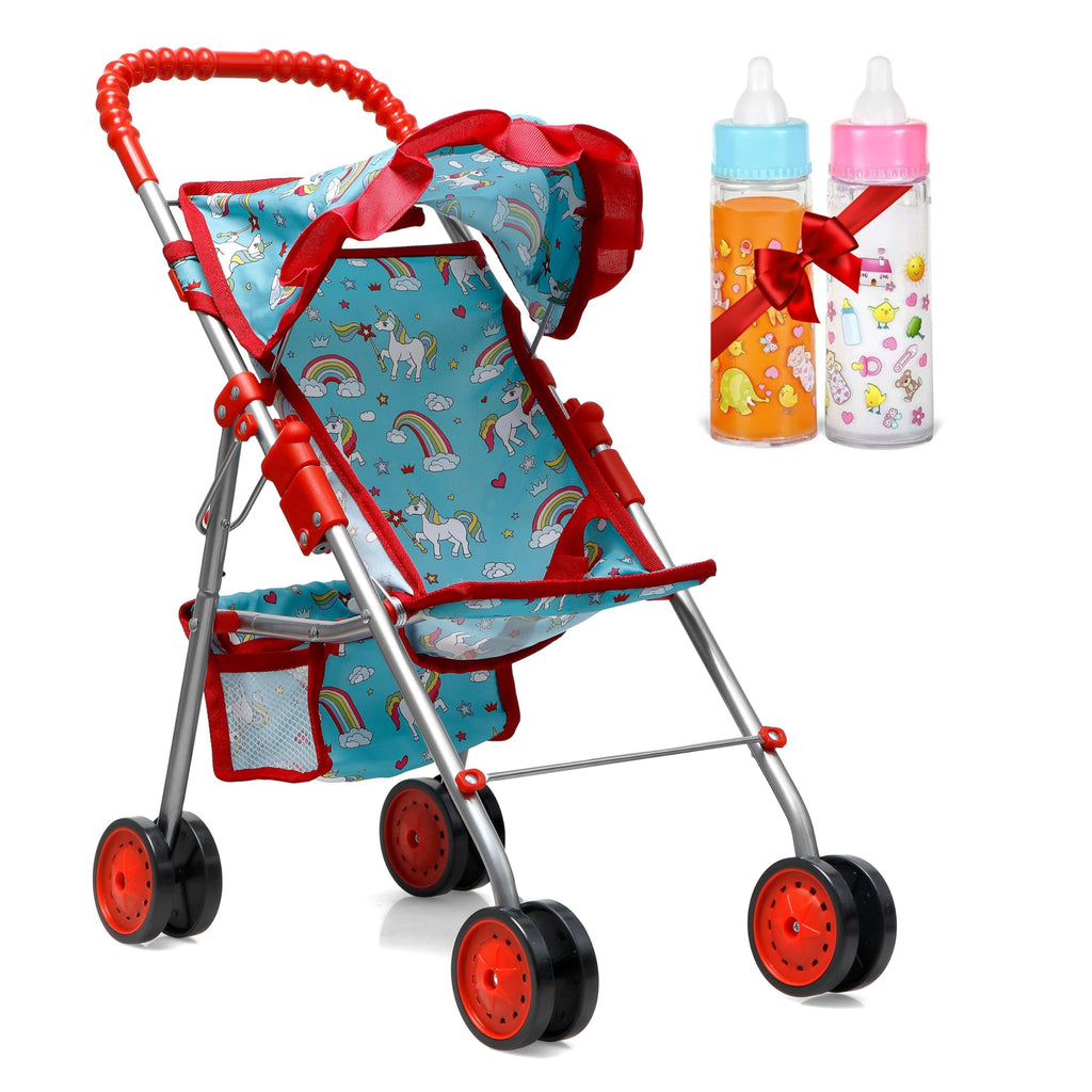 fash n kolor® - Doll Stroller My First Baby Doll Strollers Toy - Flower Design with Basket in The Bottom- Doll Accessories 2 Free Magic Bottles Included (Unicorn Design)