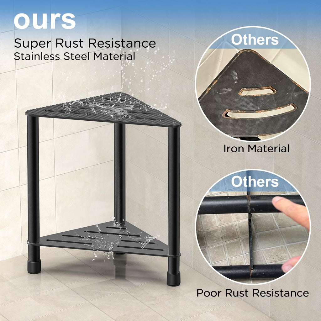 LarFaFa Stainless Steel Black Shower Stool for Inside Shower, 15.4'' H Shower Foot Rest, Corner Shower Stool with Storage Shelf, Shower Step for Shaving Legs, Bathroom Corner Shower Bench