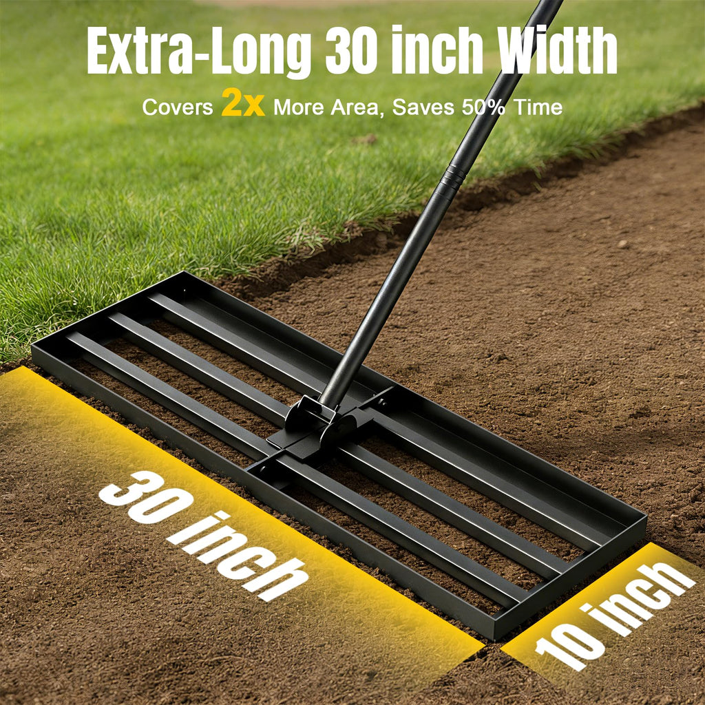 Strifuture Lawn Leveling Rake 30x10 Inch - Adjustable 47-77 Inch Handle, 180° Rotating Head, Heavy-Duty Rust-Resistant Steel for Lawns, Golf Courses, Driveways