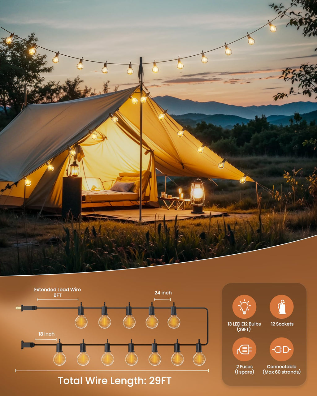 Brightown Outdoor String Lights 29 Feet G40 LED Patio Lights, Plug-in, 13 Plastic Edison Bulbs(1 Spare), Waterproof Connectable Hanging Light for Backyard Porch Balcony Party Decor, E12 Base, Black