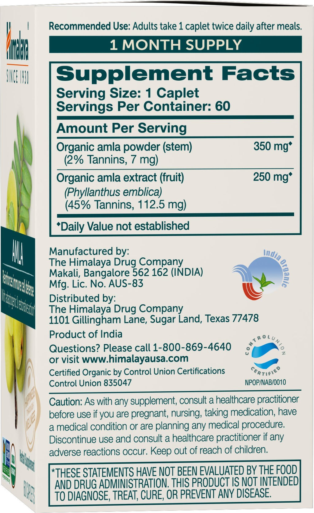 Himalaya Organic Amla - Herbal Immune Support Supplement with Adaptogen and Antioxidant - USDA Organic, Vegan, Non-GMO, Gluten Free, 600 mg, 60 Caplets