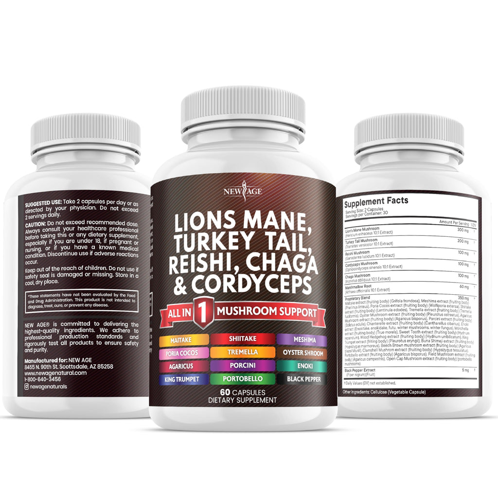 NEW AGE Lions Mane Mushroom Supplement with Turkey Tail Reishi Cordyceps Chaga with Marshmallow Root 180 Count
