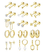 LOLIAS Flat Back Earrings for Women Hypoallergenic Surgical Steel Earrings for Sensitive Ears-20G Cartilage Earring Stacks 14K Gold Plated Hoops Flatback Stud Earring Sets for Multiple Piercing