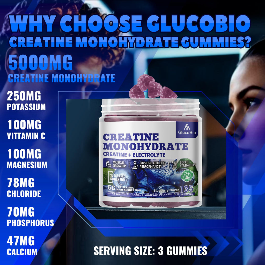 GlucoBio Creatine Monohydrate Gummies (5g) – Pre-Workout Energy & Muscle Growth Support for Men & Women | Blueberry Electrolyte Gummies (135 Count)