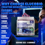 GlucoBio Creatine Monohydrate Gummies (5g) – Pre-Workout Energy & Muscle Growth Support for Men & Women | Blueberry Electrolyte Gummies (135 Count)