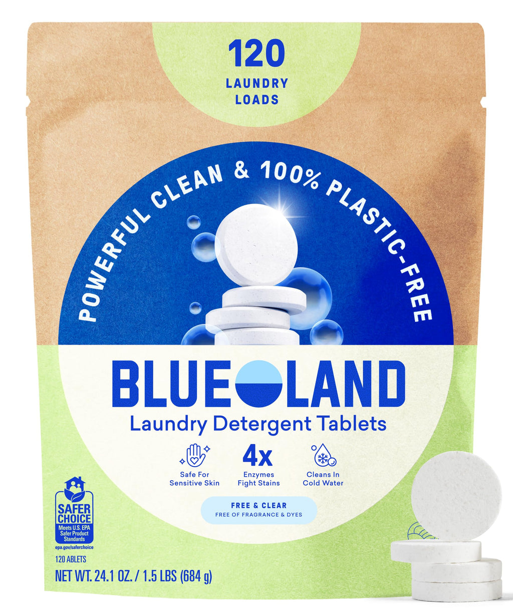 BLUELAND 100% Plastic-Free Laundry Detergent Tablets, 120ct, Free & Clear