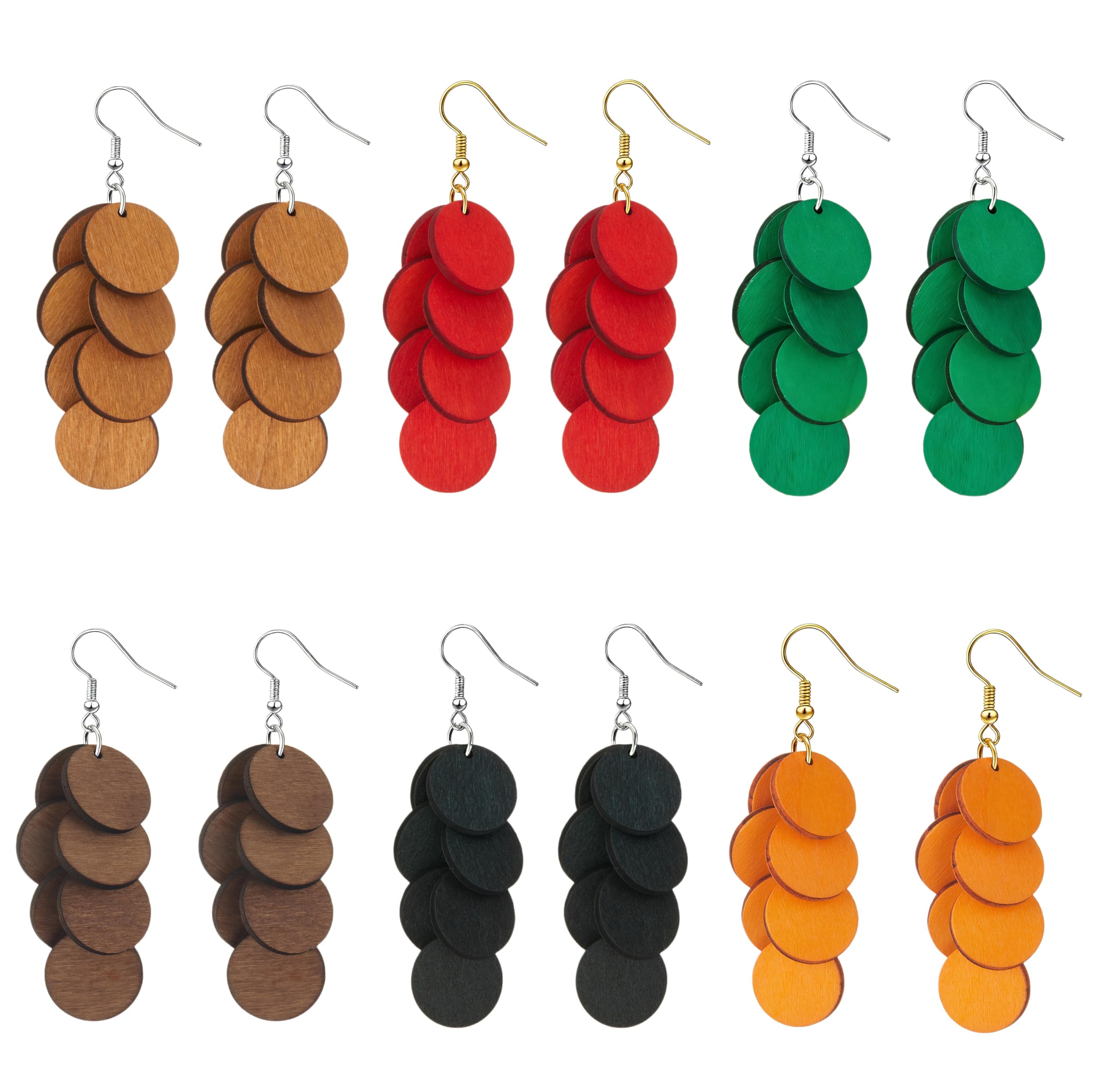 Bohemian Wooden Layered Disc Dangle Earrings, Boho Style Round Drop Earrings for Women, Lightweight Statement Jewelry for Daily Wear & Party (6 Circle Round Wooden Drop Earrings)