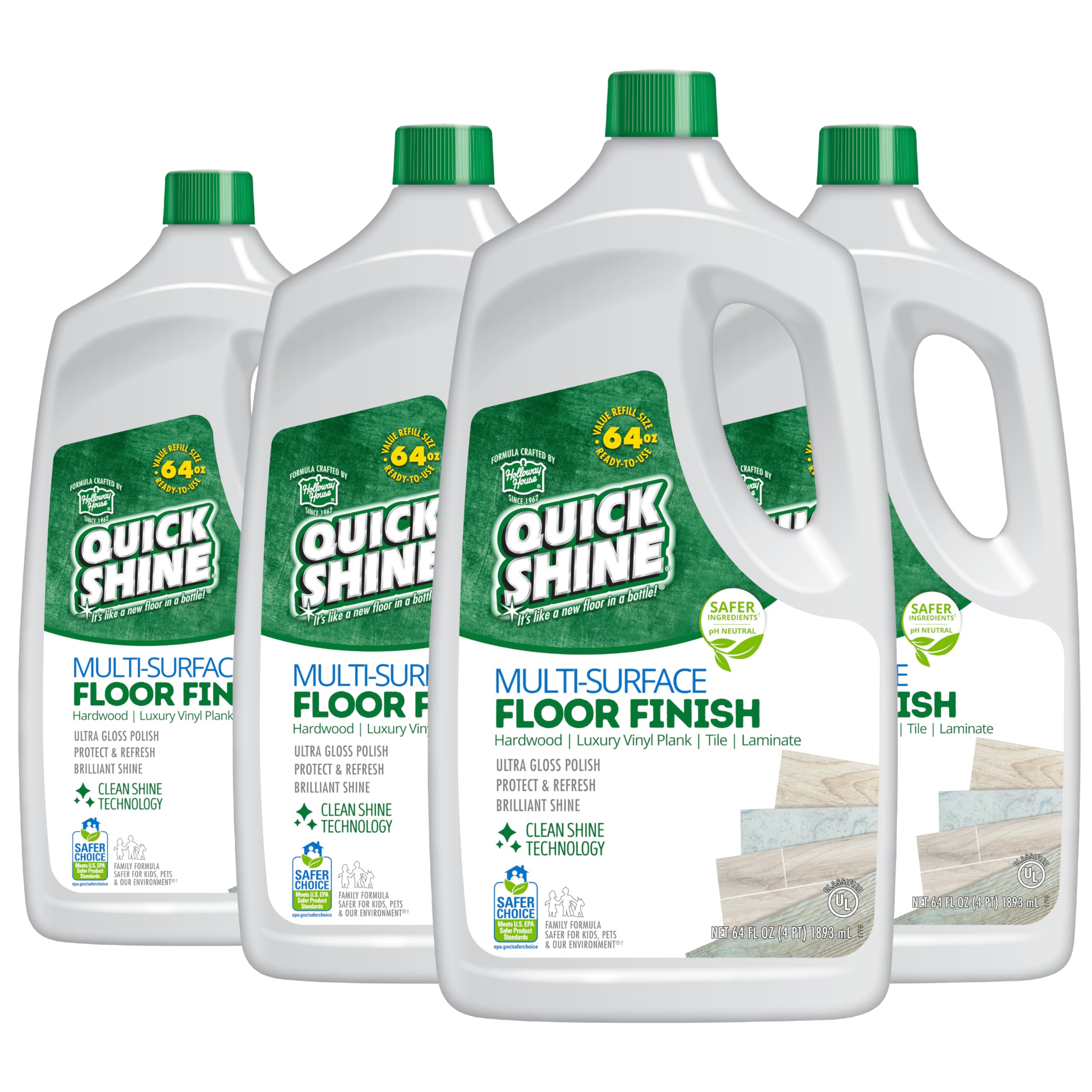 Quick Shine Multi-Surface Floor Finish-Polish 64oz-4pk | Safer Choice, No PFAS, pH Neutral Clean Shine Technology | Squirt & Spread | For Wood, Laminate, LVP, LVT, Tile & Stone | Made in USA
