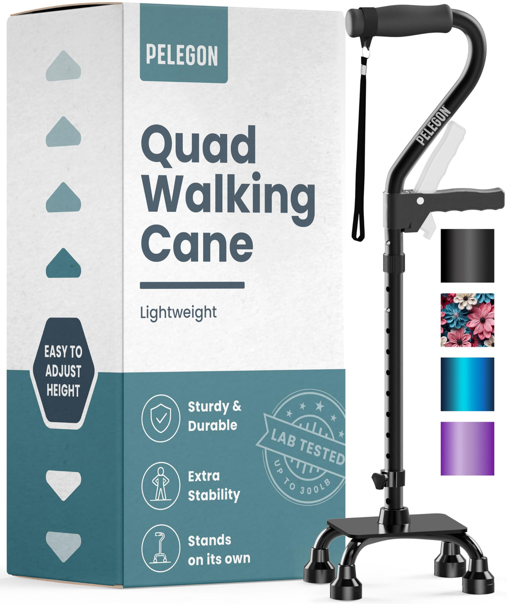 PELEGON® Quad Cane for Women & Men for Stability (300LB) - Adjustable Walking Cane with A Large 4 Pronged Base for Balance & Stability, Walking Canes for Seniors, Walking Cane, Walking Sticks (Black)