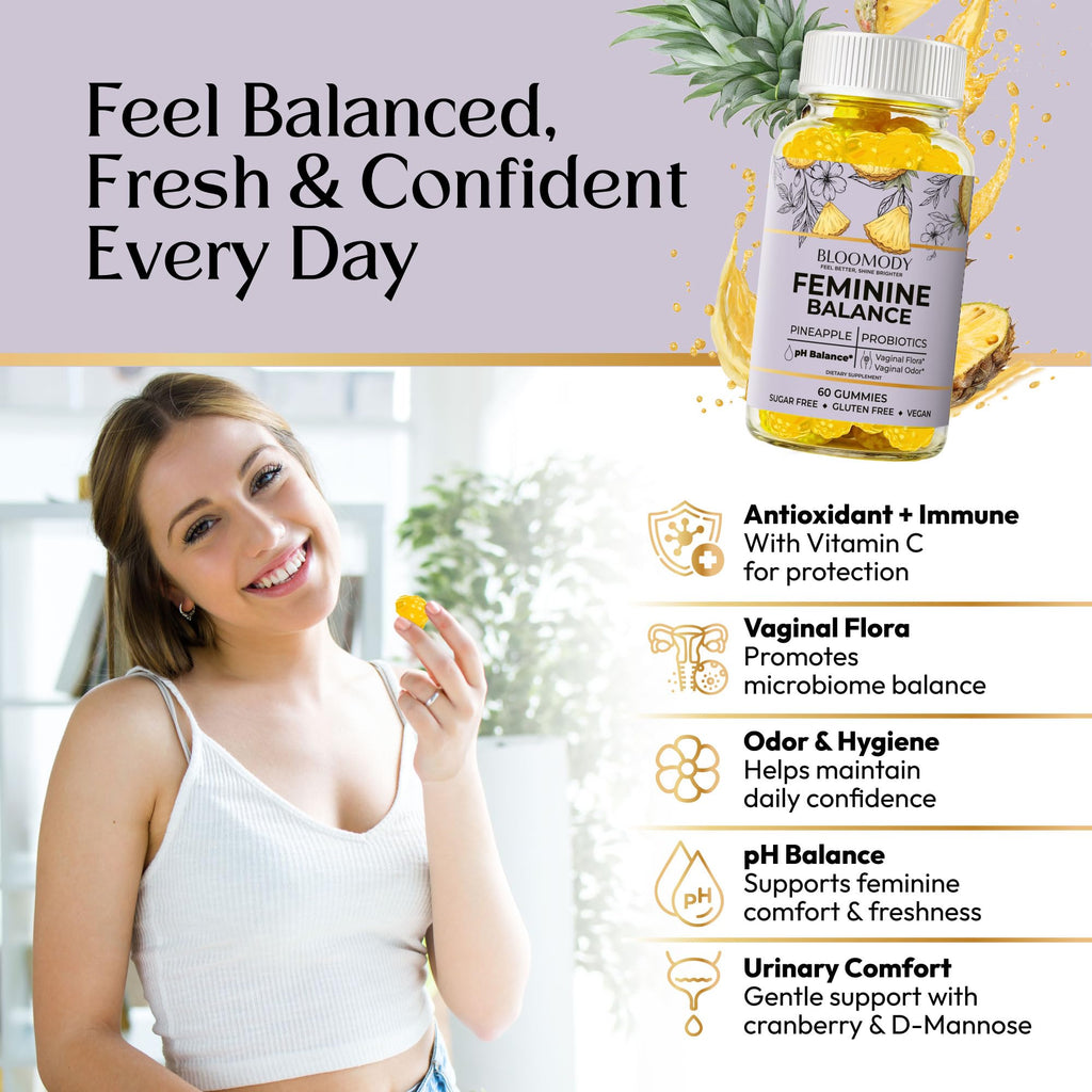 Bloomody Probiotic Feminine Balance Gummies for Women - pH Balance & Vaginal Health Supplement with Cranberry Vitamin C - Natural Pineapple pH Balancing Gummy for Healthy Odor Hygiene Support