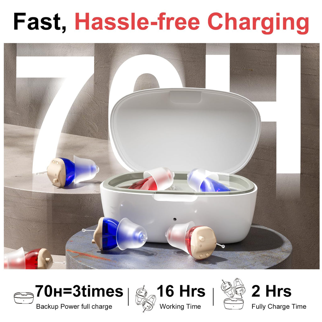 Hearing Aids for Seniors, Invisible Hearing Amplifiers with Noise Cancelling, Rechargeable Hearing Aids for Severe Hearing Loss Adults, Comfort In-ear Hearing Devices(Red and blue)