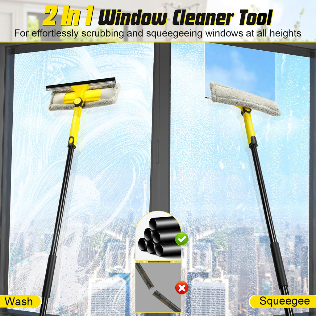Window Squeegee with Extension Pole for Home, Professional Squeegee for Window Cleaning Tool Kit with Scrubber, 2 in 1 Rotatable Window Washing Kit for Car Glass Shower Indoor & Outdoor High Windows