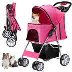 Unisakey 4 Wheels Pet Stroller for Small Medium Dogs Cats 10-33 lbs, Foldable Dog and Cat Stroller with Cup Holder & Storage Basket & Breathable Mesh, Pet Strolling Cart for All-Season, Pink