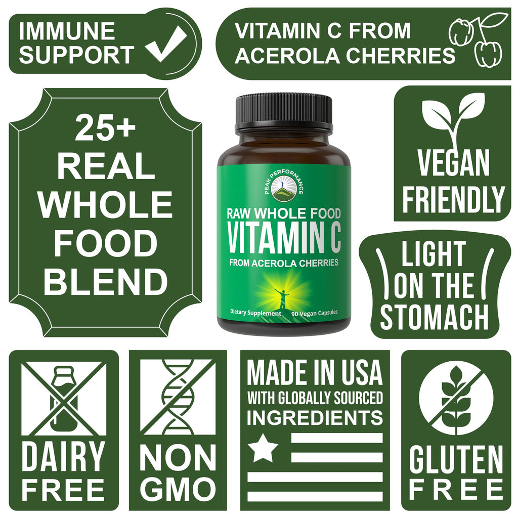 Peak Performance Raw Whole Food Natural Vitamin C Capsules from Acerola Cherry for Max Absorption. Vegan USA Sourced Vitamin C Supplement 90 Pills. 500 mg Serving or 2 Servings 1000mg