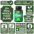 Peak Performance Raw Whole Food Natural Vitamin C Capsules from Acerola Cherry for Max Absorption. Vegan USA Sourced Vitamin C Supplement 90 Pills. 500 mg Serving or 2 Servings 1000mg