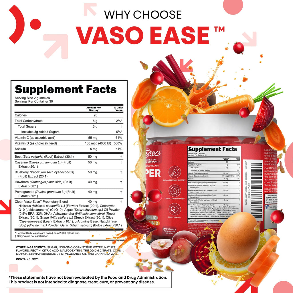 Clean Nutra Cayenne Pepper Beet Root Gummies Beetroot Garlic CoQ10 Hawthorn Berry Grape Seed Extract Olive Leaf Nattokinase Hibiscus Vitamin D Nitric Oxide - VasoEase