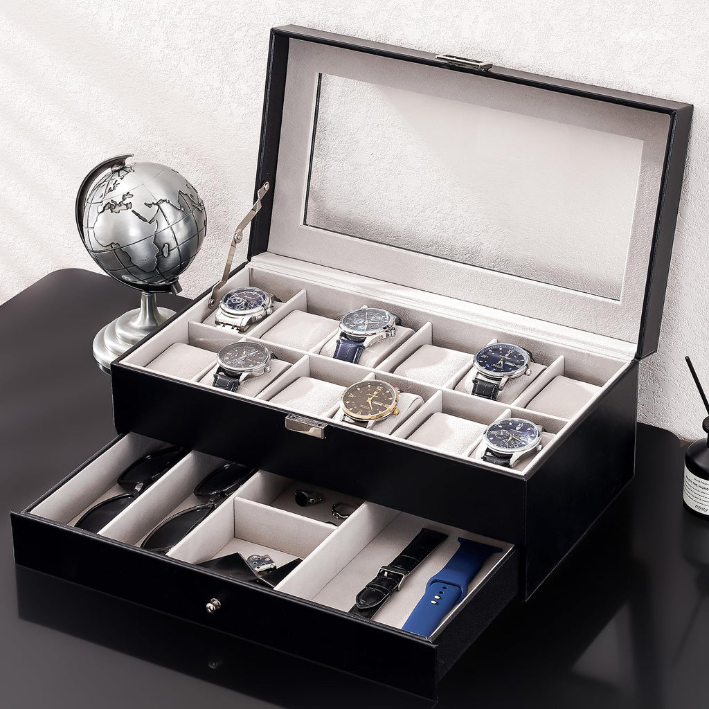 ProCase Watch Box, 12 Slot Watch Case for Men with Drawer, Black