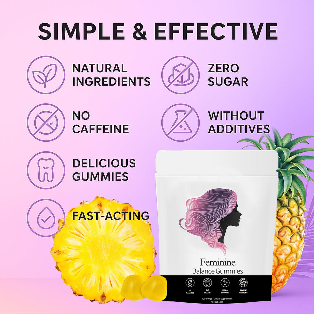 NEWUREHO Feminine Balance Gummies, Pineapple Gummies for Women Ph, Probiotic Blend Hawaiian Pineapple Flavored 60 Gummies