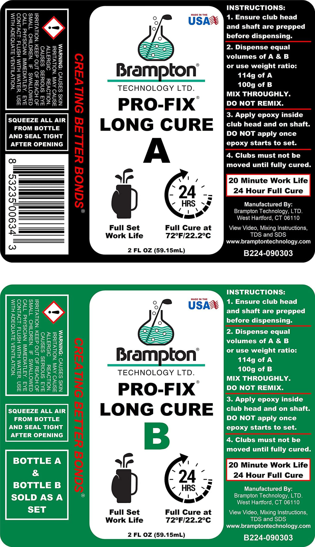 Brampton PRO-FIX Long Cure Golf Epoxy, 20-Min Full-Set Work Life, Extra Strength, Impact Resistant, 2-Part Epoxy Glue Kit for Golf Clubs, Shafts, Heads, Drivers, Putters, 1:1 Mix