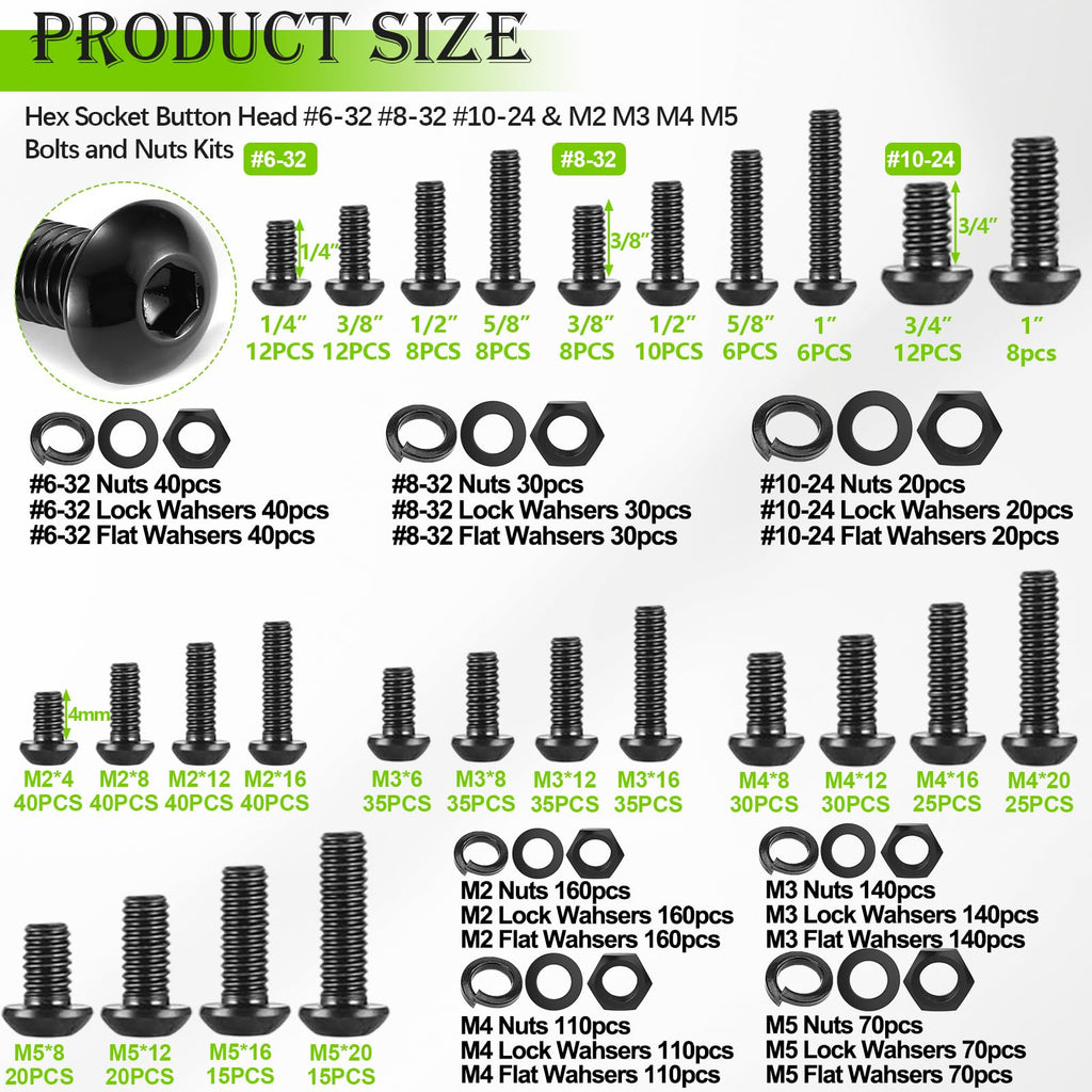 mxuteuk Machine Screws Assortment Kits,#6-32#8-32#10-24 M2 M3 M4 M5 SAE & Metric Screws Assortment Kits,10.9 Alloy Steel Hex Socket Button Head Nuts and Bolts Kit with 4 Hex Wrench(2284PCS)