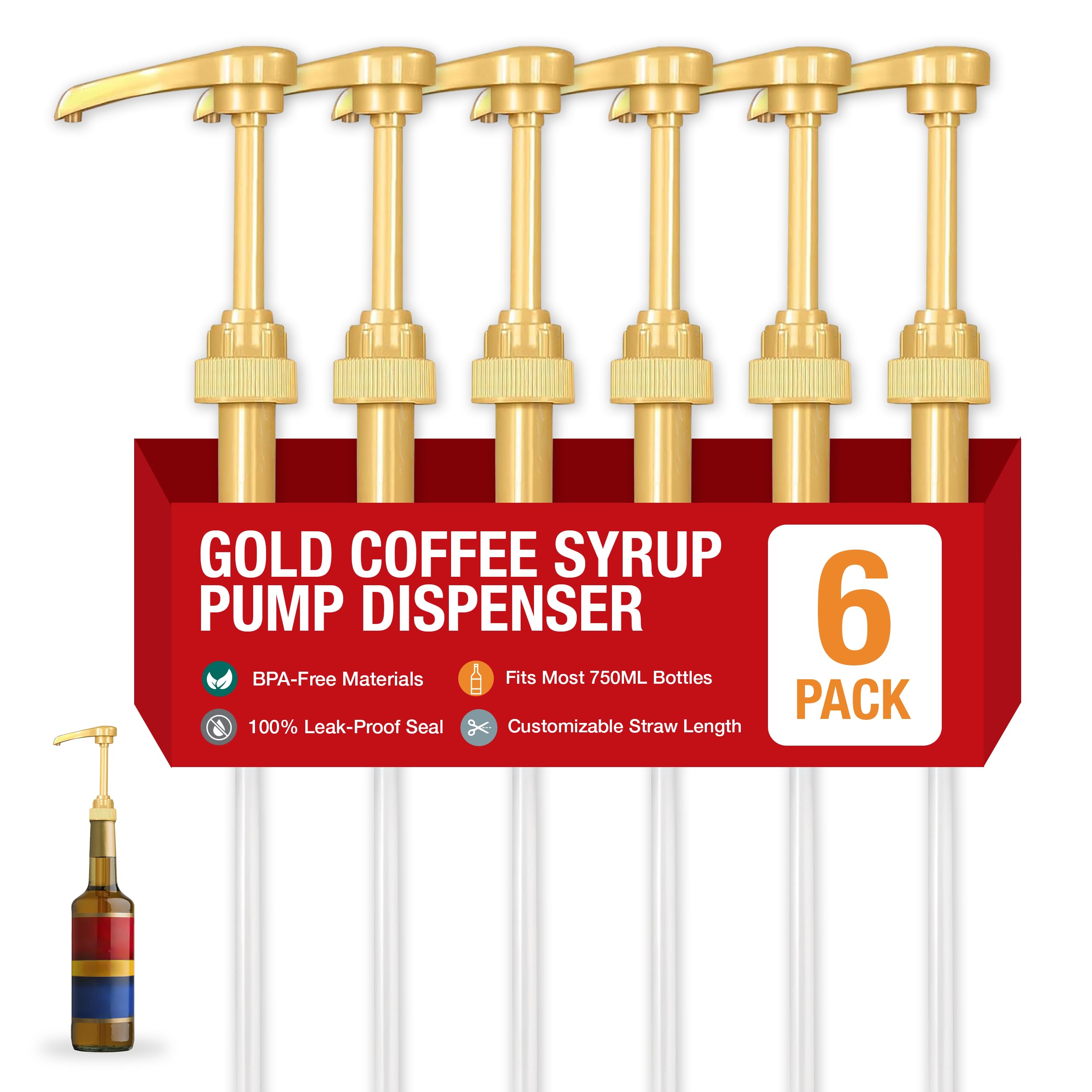 Syrup Pump, Compatible with 750ml Torani, DaVinci & Skinny, 6-Pack, Gold