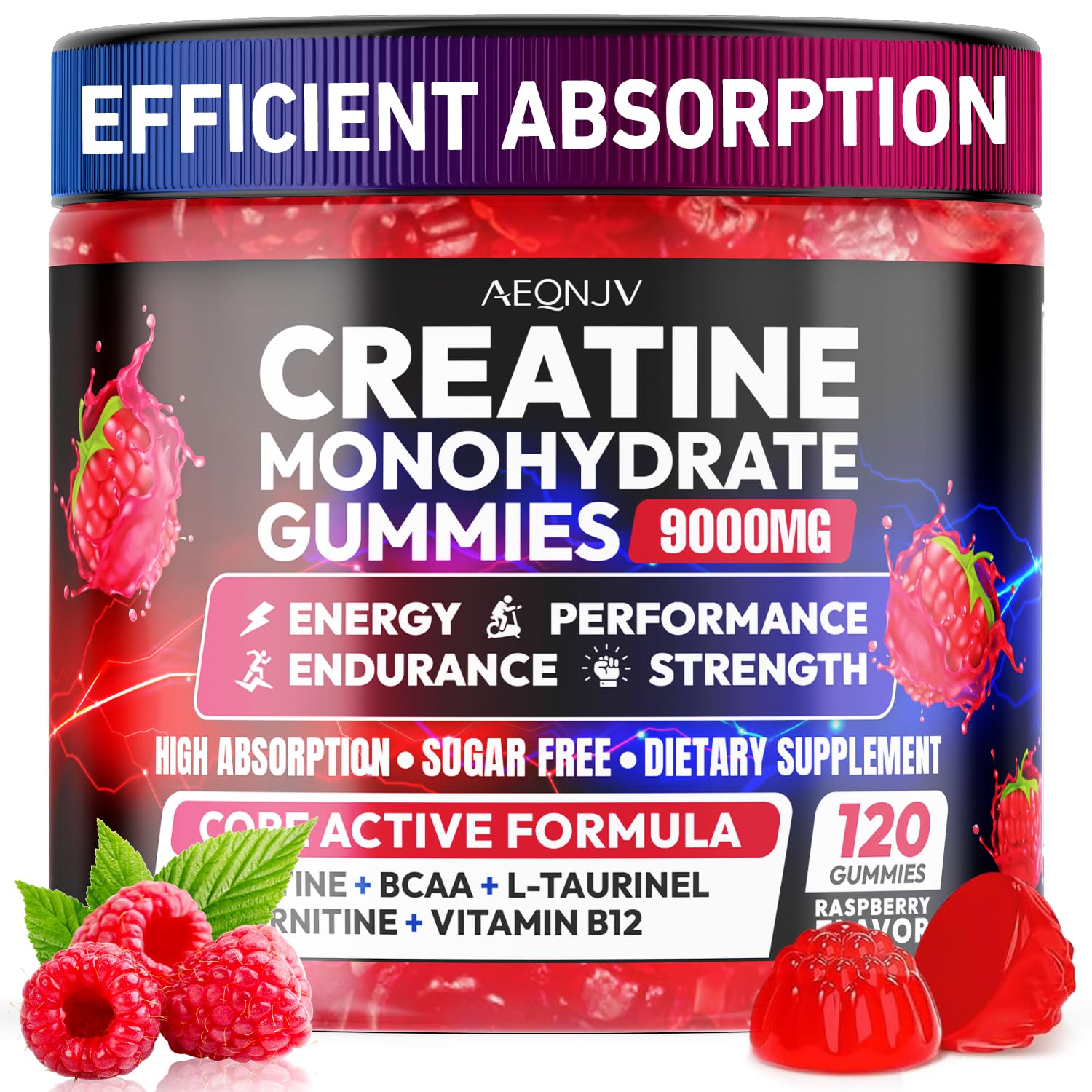 AEQNJV Creatine Gummies Monohydrate Complex 9000MG, Pre-Workout for Men & Women, Creatine Gummy with L-Taurine, BCAA 2:1, B12/6 for Muscle Support, Enhance Strength, Energy Boost-120 Count