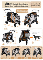 Dog Stroller for Large & Medium Dogs, One-Click Folding 4 Wheel Pet Stroller for Large Dogs up to 80lbs, Easy Fold Dual Entry with One-Foot Brake, Reflective Tape Design with Breathable mesh