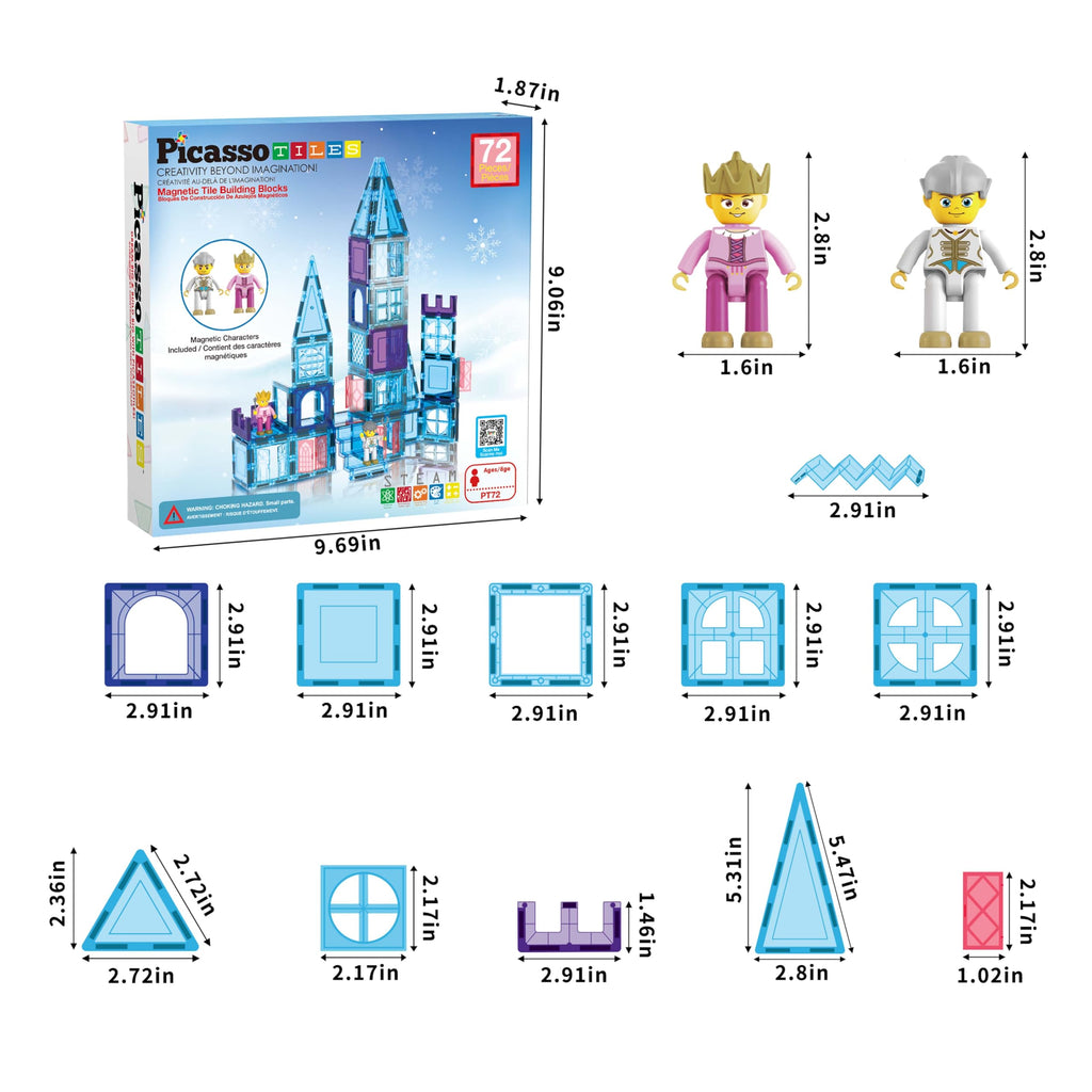 PicasssoTiles 72 Piece Magnetic Building Tiles Castle Winter Ice Theme Construction Magnet Block Set with Princess Prince Character Stairs Windows Doors STEM Learning Educational Toy Kids Ages 3+ PT72