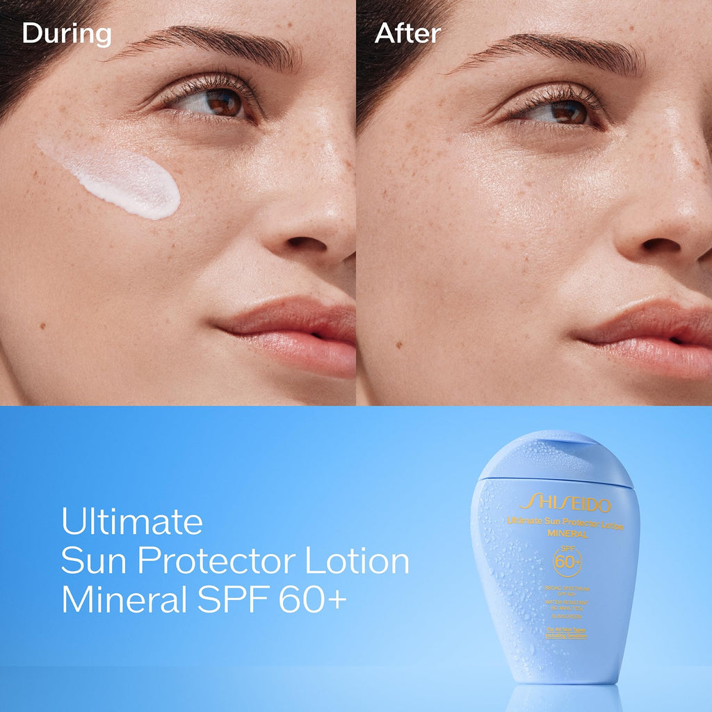 Shiseido Ultimate Sun Protector Lotion Mineral SPF 60+ - Sheer, Broad-Spectrum Sunscreen for Face & Body - Visibly Improves Fine Lines, Smoothness & Skin Tone - Fragrance Free, All Skin Types - 50 mL