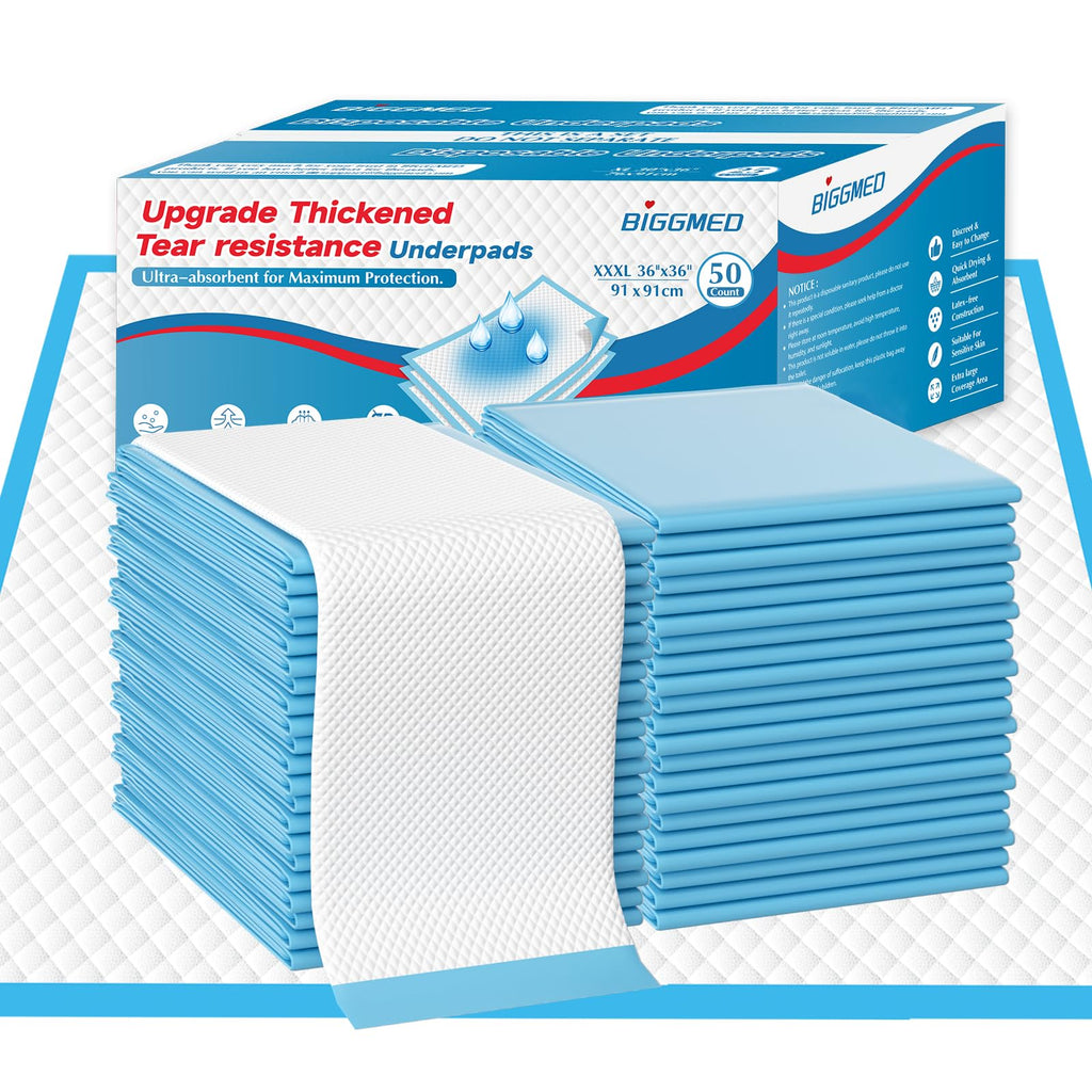 BIGGMED Tear-Resistant Disposable Bed Pads 36" x 36" 50 Count Super Absorbent Underpads, Chux Thicker Extra Large Incontinence Bed Pads, Pee Pads for Adults, Kids, Elderly, Pets