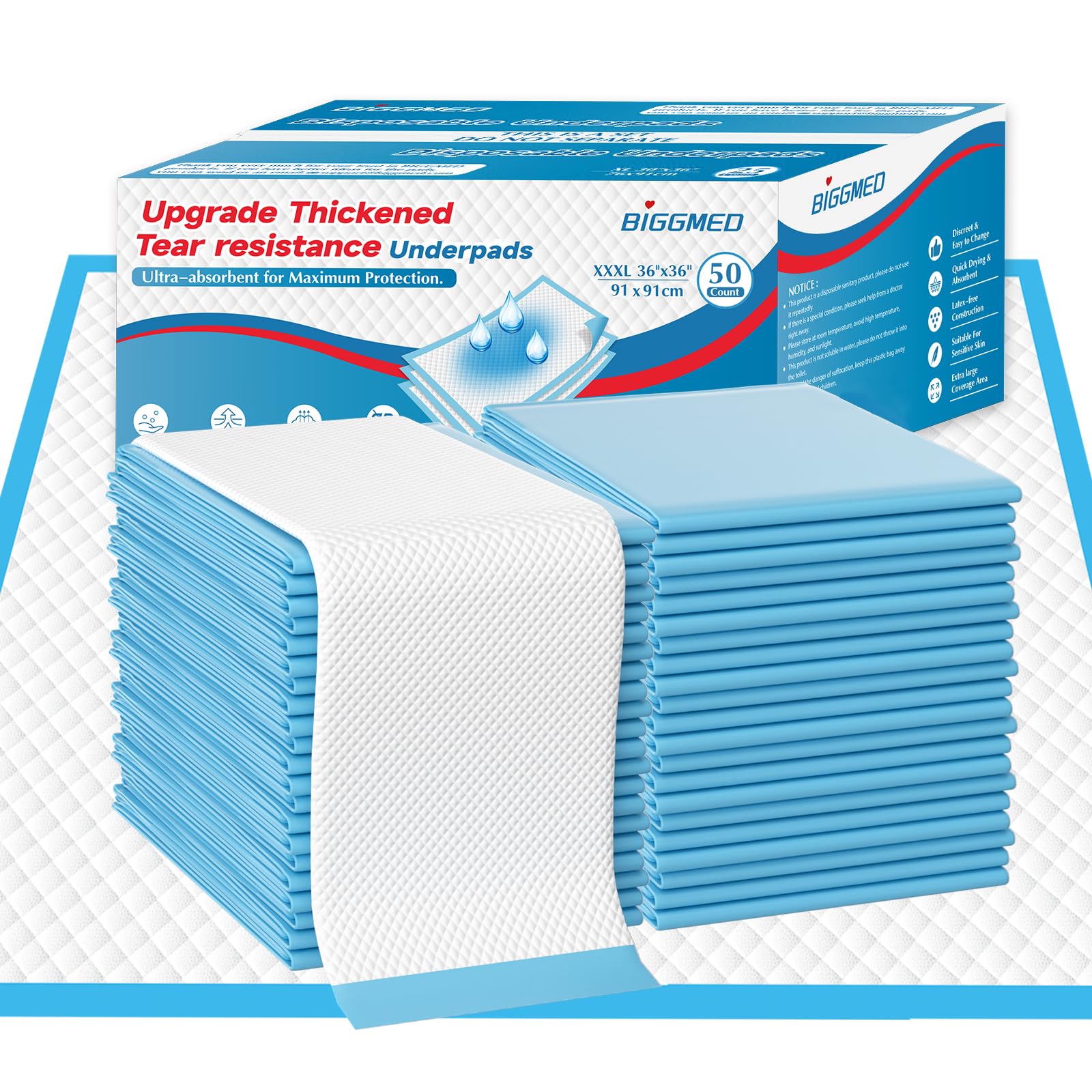 BIGGMED Tear-Resistant Disposable Bed Pads 36" x 36" 50 Count Super Absorbent Underpads, Chux Thicker Extra Large Incontinence Bed Pads, Pee Pads for Adults, Kids, Elderly, Pets