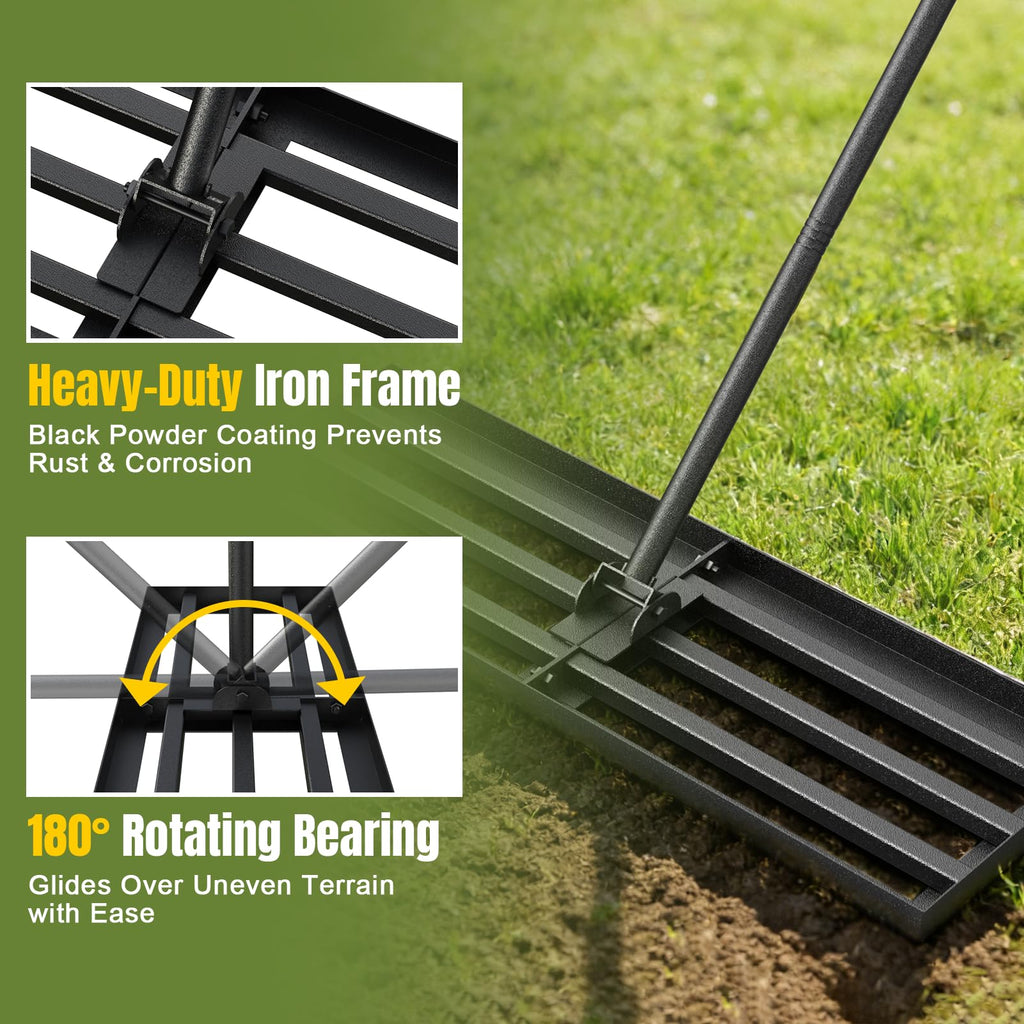 Strifuture Lawn Leveling Rake 30x10 Inch - Adjustable 47-77 Inch Handle, 180° Rotating Head, Heavy-Duty Rust-Resistant Steel for Lawns, Golf Courses, Driveways