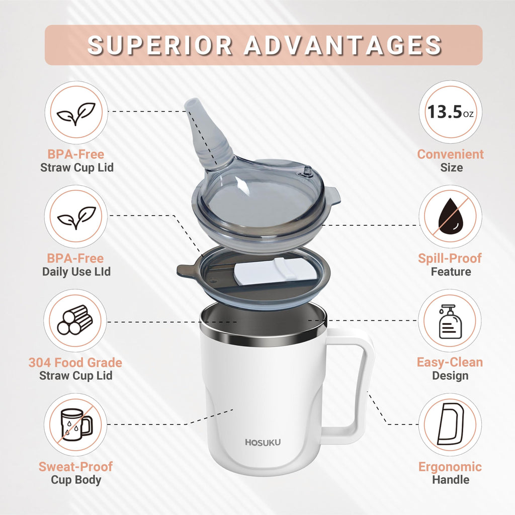 HOSUKU Spill-Proof Cup for Elderly, 13.5oz Stainless Steel Sippy Cup with Straw, Ideal for Seniors and Adults, Great for Water, Milk, and Soup (White), Health & Household Supplies
