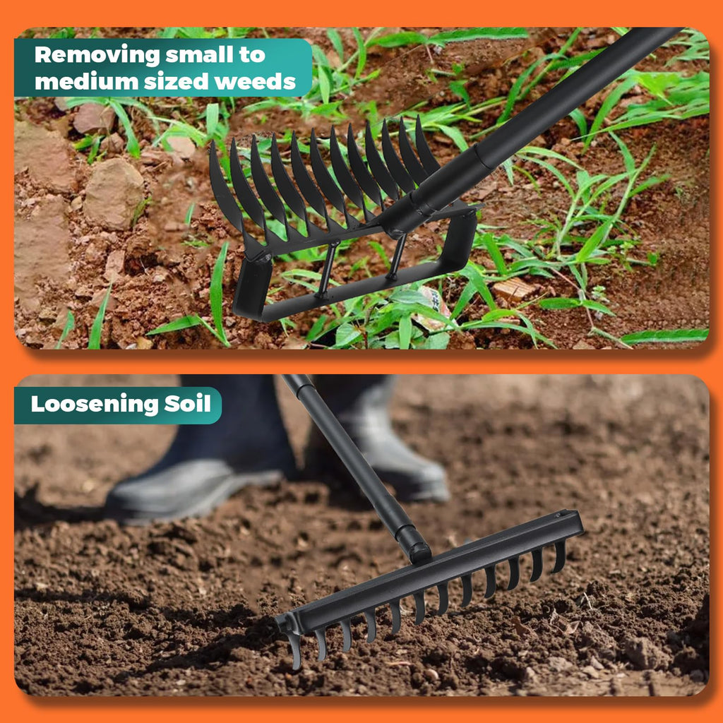 Stirrup Hoe with 76.8" Adjustable Long Handle Weed Puller Heavy Duty Garden Hoe with 12 Tines Rake 2-in-1 Gardening Tool for Loosening Soil, Gathering Leaves, Weeding