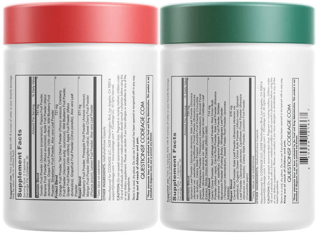 Codeage InstantFood Easy Veggies + Fast Fruits Bundle – Vegetable & Fruit Blend Capsule Supplement – Plant-Based Phytonutrient Formula – Vegan, Non-GMO – 180 Capsules