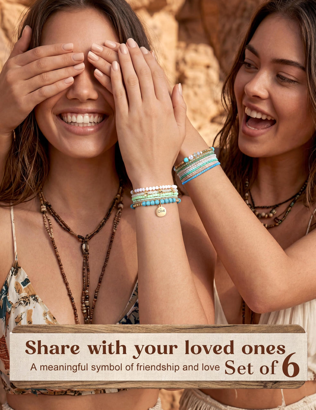 LOYALLOOK 6 Sets Bohemian Stackable Bead Bracelets for Women Stretch Bohemian Style Stretch Multilayered Boho Bracelet Set