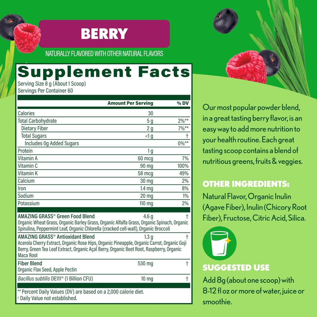Amazing Grass Greens Blend Superfood: Super Greens Powder Smoothie Mix with Spirulina,Chlorella,Beet Root Powder,Digestive Enzymes & Probiotics,Berry,60 Servings (Packaging May Vary),(Pack of 2)