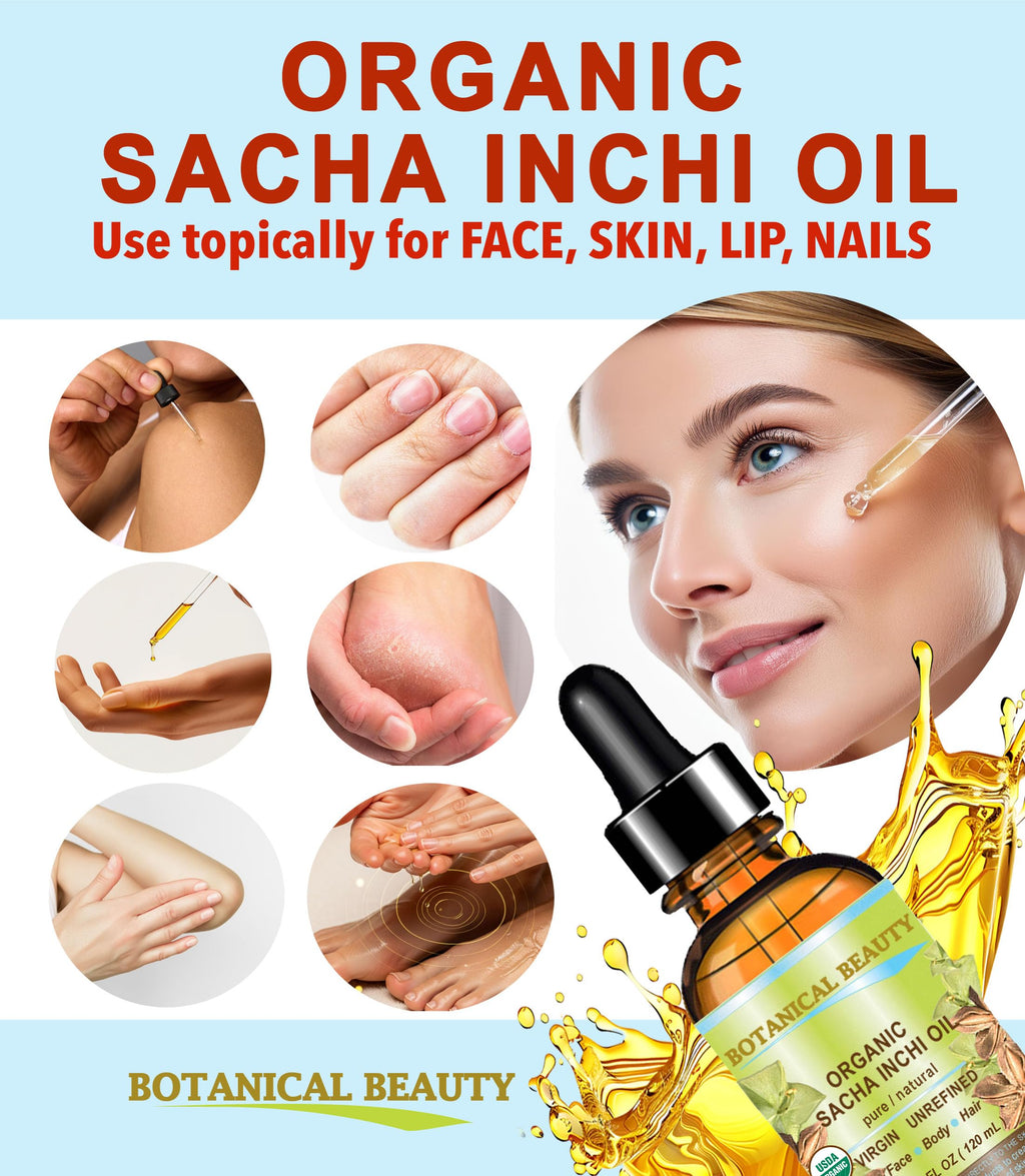 Botanical Beauty Organic SACHA INCHI OIL 100% Natural Pure Undiluted Virgin Unrefined Cold Pressed Carrier Certified Organic Oil For Face, Skin, Hair, Lip, Nails, Rich in Vitamin E (4 Fl Oz 120 ml)