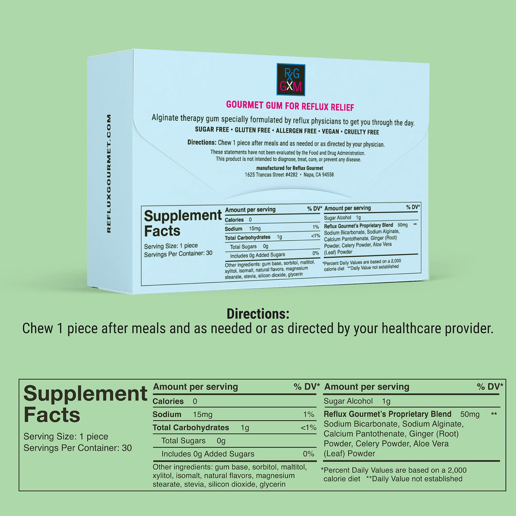 REFLUX GOURMET Berry Soothe Gum Alginate Therapy Sodium Bicarbonate Gum for Acid Reflux, Oral, Cognitive, and Digestive Support, Natural with Ginger, Celeriac and Aloe, Sugar Free, Gluten Free, Vegan