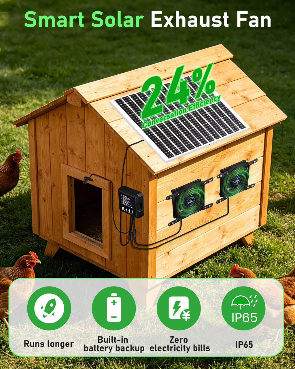 Solar Powered Fan for Chicken Coop, 25W Solar Panel, 2 * 4.7" Fans, 3 Smart Mode, Solar Exhaust Fan for Chicken Coop, Shed, Pet House