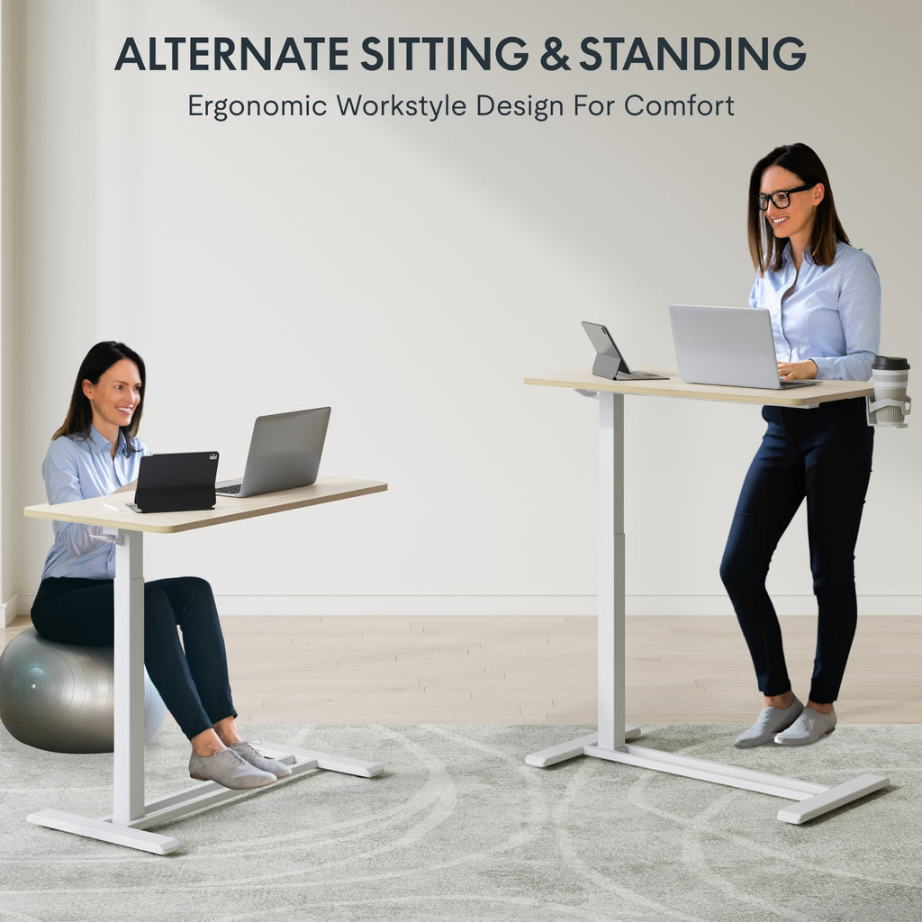 FLEXISPOT H7 Adjustable Overbed Bedside Table with Wheels Pneumatic Mobile Standing Desk Laptop Desk Rolling Computer Cart Movable Overbed Tables Hospital Home Use(27.6" W x 15.7" D, White Wood Grain)