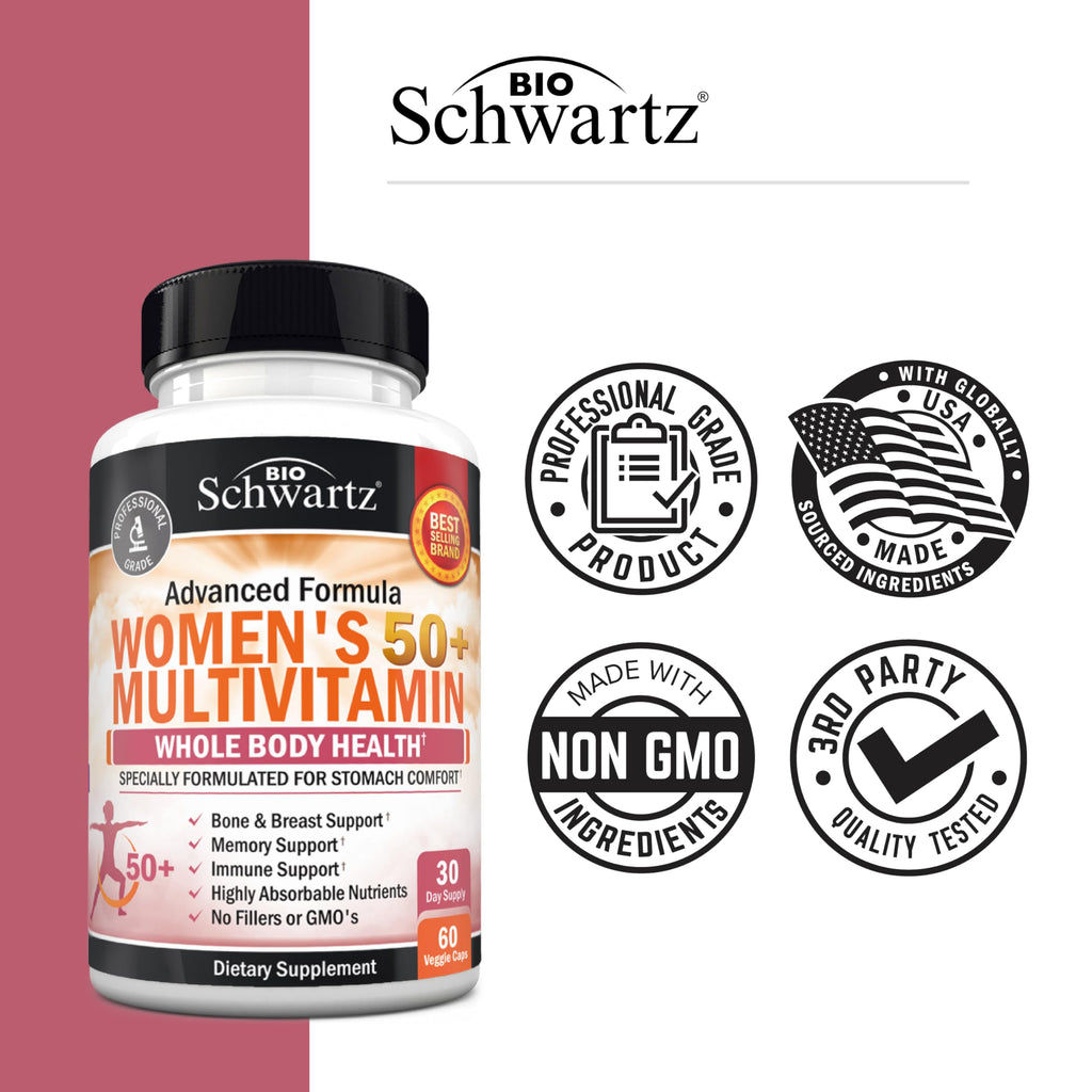 Daily Multivitamin for Women 50 & Over – Memory Support Supplement – Promotes Stress Reduction & Healthy Immune Response – Women's Multivitamin Supplement Designed for Stomach Comfort - 60 Capsules
