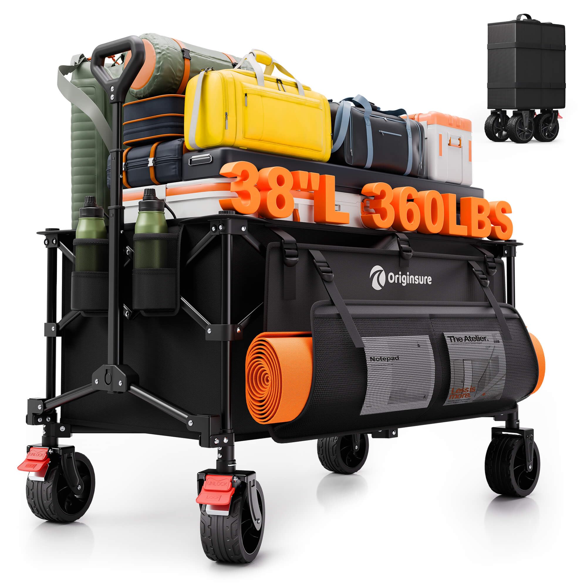 Originsure 220L Collapsible Beach Wagon Cart, 360lbs Heavy Duty, Black