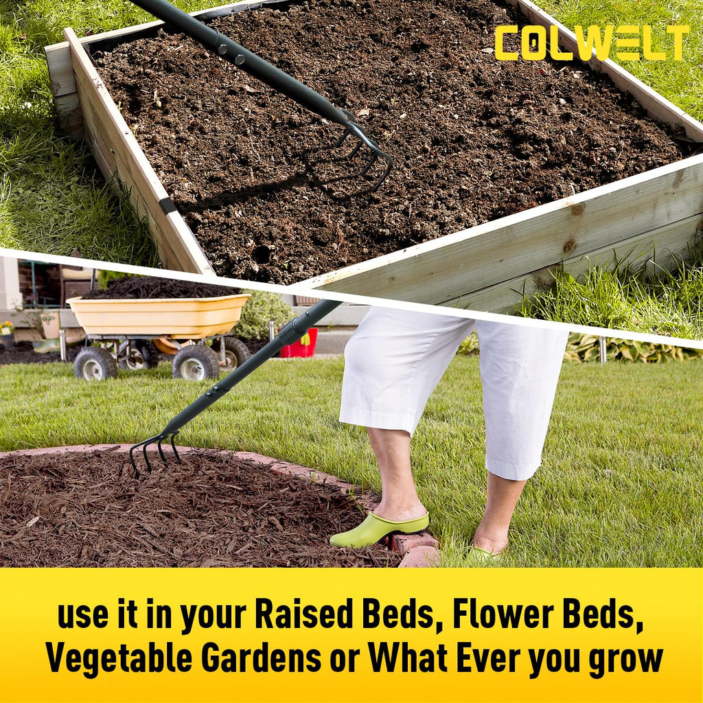 Colwelt 4 Tines Garden Cultivator Rake 59'', Hand Tiller Garden Tool with Sharp Forged Steel Head, 4 Tine Cultivators for Gardening with Long Handle, 4 Prong Rake for Digging Loosening Weeding